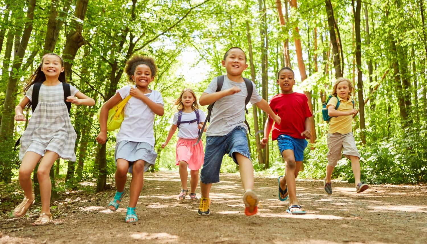 Kinder auf einer Klassenfahrt spielen im Wald
